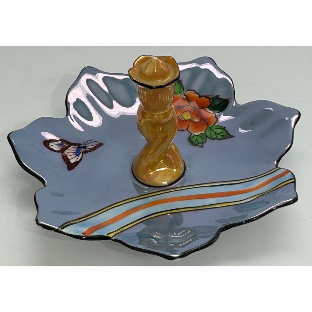 Lusterware Art Deco Noritake Blue Floral Butterfly Ring Trinket Tidbit Soap Dish - Picture 3 of 13